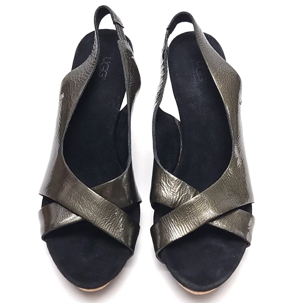 UGG Lucianna Metallic Bronze Leather Cork Wedge‎ Sandals Womens 8